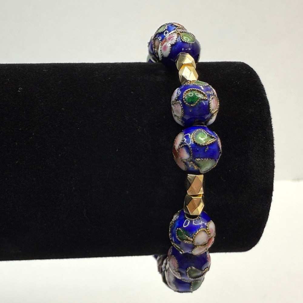 Cloisonne Floral Bead Bracelet Blue Flower Gold Accents Stretchy Fashion Jewelry